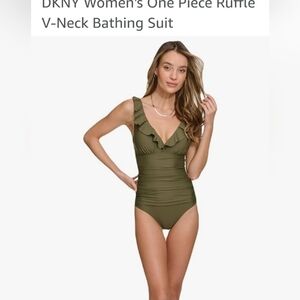 DKNY Olive Green One Piece Ruffle V-Neck Swimsuit